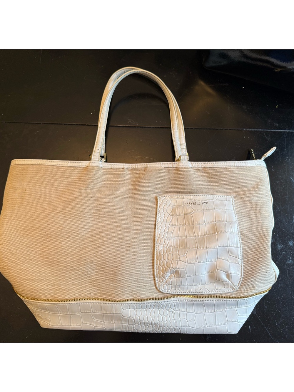 Olivia + Joy NY Canvas Tote Bag with Croc-Embossed Trim - Cream